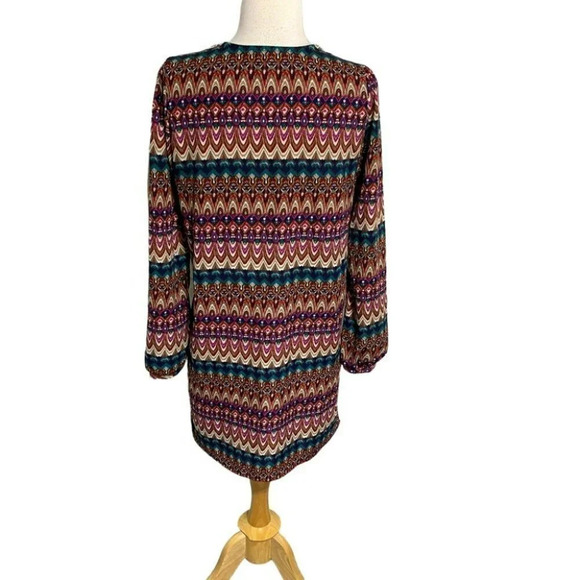 Miami S multicolor bohemian print long sleeve dress with beaded V-neck - Picture 4 of 6